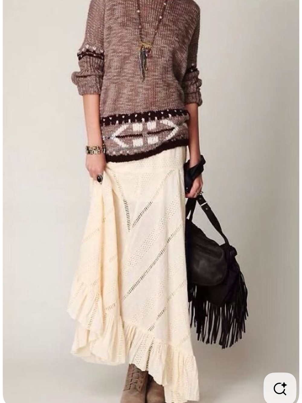 Rare Free People Solid Pieced Vintage Eyelets Victorian Maxi Skirt L
